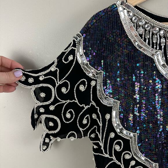 Vintage 80s Frank Usher Black Silk Heavily Sequin Beaded Blouse Evening Top M - Picture 4 of 10